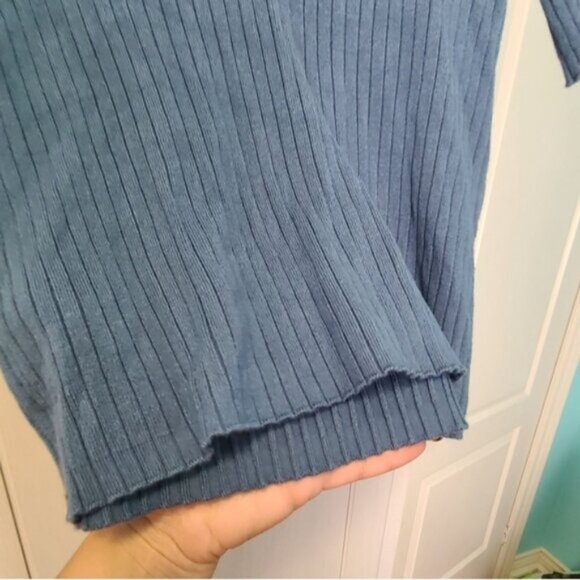 DYNAMITE Blue Collared VNeck Short Sleeve Ribbed Knit Academia Prep Sweater - Picture 6 of 7
